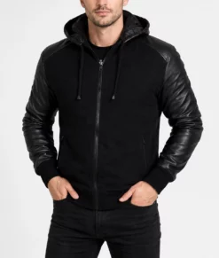 Dilton Mens Black Bomber Hooded Leather Jacket-Front