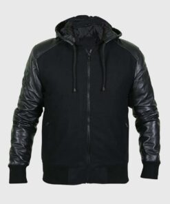 Dilton Mens Black Bomber Hooded Leather Jacket - Front View
