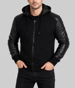 Dilton Mens Black Bomber Hooded Leather Jacket-Front
