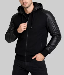 Dilton Mens Black Bomber Hooded Leather Jacket-Side
