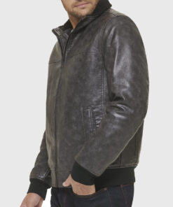 Donald Mens Distressed Black Bomber Leather Jacket - Side View