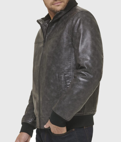 Donald Mens Distressed Black Bomber Leather Jacket - Side View