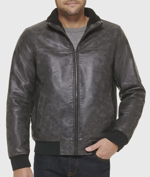 Donald Mens Distressed Black Bomber Leather Jacket - Front View
