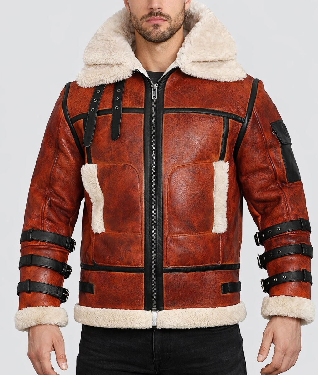 Men's Double Collar B-3 Shearling Red Leather Aviator Jacket-2