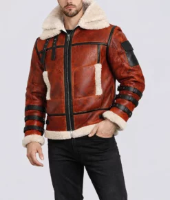 Men's Double Collar B-3 Shearling Red Leather Aviator Jacket-3