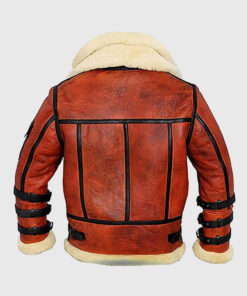 Double Collar B-3 Shearling Red Leather Aviator Jacket - Back View