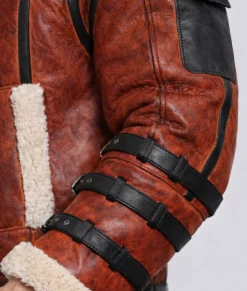 Men's Double Collar B-3 Shearling Red Leather Aviator Jacket-4