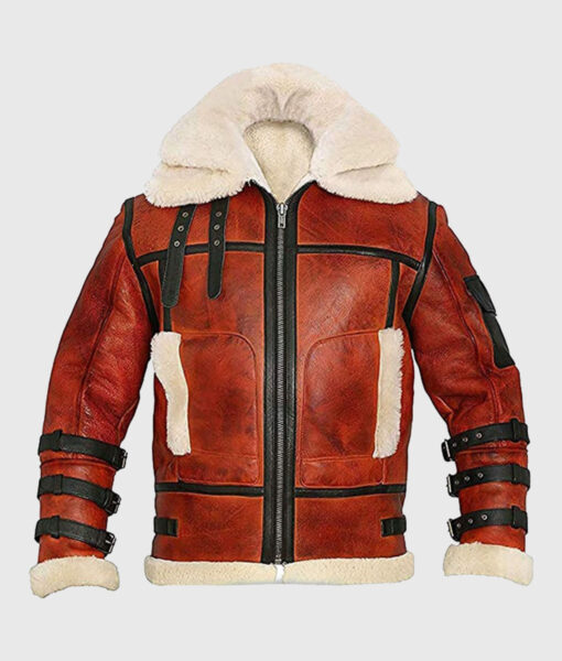 Double Collar B-3 Shearling Red Leather Aviator Jacket - Front View