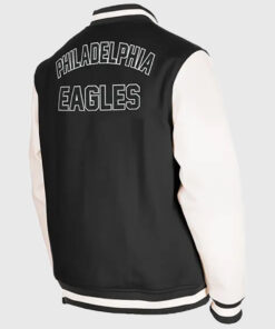 Eagles Wool Varsity Jacket With Leather Sleeves- Men's Black Leather Varsity Jacket - Back View