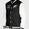 Eagles Wool Varsity Jacket With Leather Sleeves- Men's Black Leather Varsity Jacket - Front View
