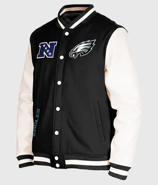 Eagles Wool Varsity Jacket With Leather Sleeves- Men's Black Leather Varsity Jacket - Front View
