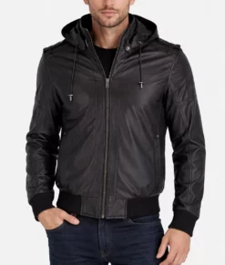 Eddison Mens Black Bomber Hooded Leather Jacket-Front