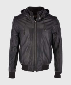 Eddison Mens Black Bomber Hooded Leather Jacket - Front View