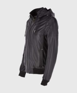 Eddison Mens Black Bomber Hooded Leather Jacket - Left Side View