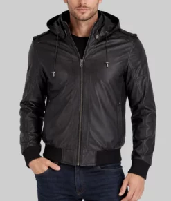 Eddison Mens Black Bomber Hooded Leather Jacket-Front