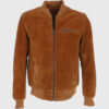 Ethan Mens Brown Bomber Suede Leather Jacket - Front View