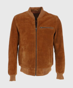 Ethan Mens Brown Bomber Suede Leather Jacket - Front View