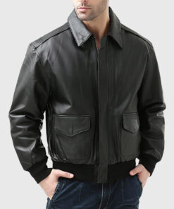 Flight Black A-2 Bomber Aviator Leather Jacket - Front View