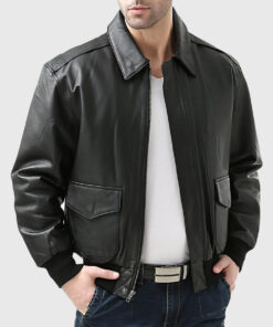 Flight Black A-2 Bomber Aviator Leather Jacket - Front Open View