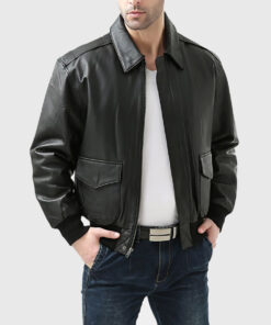 Gabriel Mens Black Bomber Leather Jacket - Front Open View