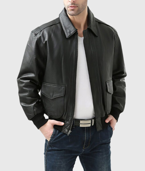 Gabriel Mens Black Bomber Leather Jacket - Front Open View