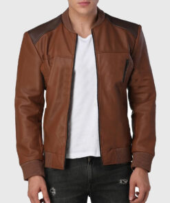 George Mens Brown Bomber Leather Jacket - Front Open View
