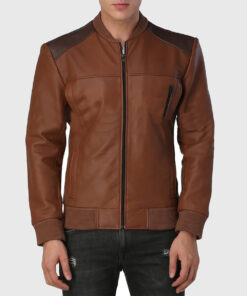 George Mens Brown Bomber Leather Jacket - Front View