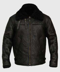 Hardy B-3 Shearling Black Leather Aviator Jacket - Front View