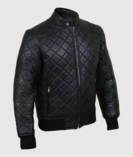 Harrison Mens Black Bomber Quilted Leather Jacket - Right View
