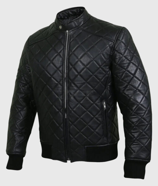 Harrison Mens Black Bomber Quilted Leather Jacket - Left View
