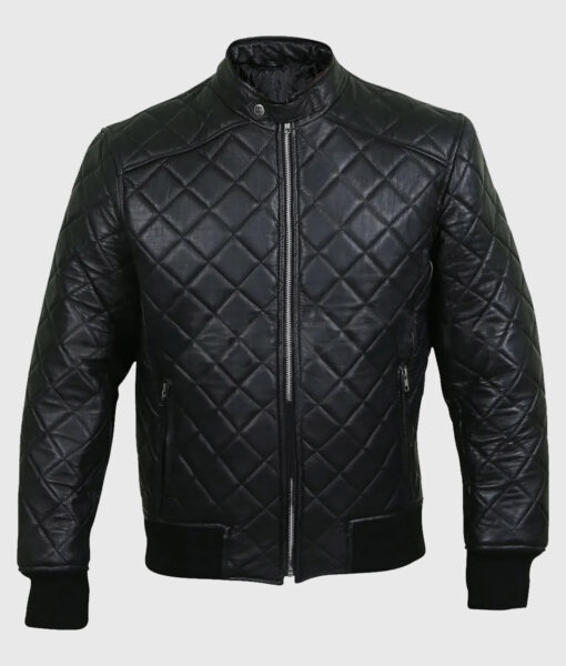 Harrison Mens Black Bomber Quilted Leather Jacket - Front View
