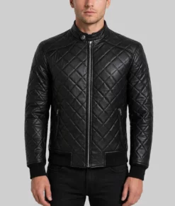 Harrison Mens Black Bomber Quilted Leather Jacket-Front