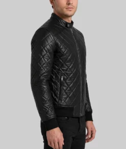 Harrison Mens Black Bomber Quilted Leather Jacket-Side