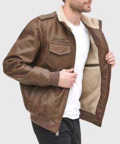 Henry Mens Brown Bomber Leather Jacket - Inside View