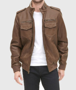 Henry Mens Brown Bomber Leather Jacket - Front View
