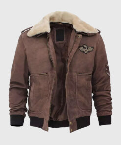 Houston Brown G1 Suede Leather Bomber Aviator Jacket - Front Open View