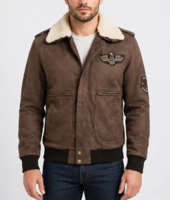 Houston Men's Brown Bomber Leather Jacket-Front