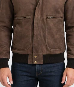 Houston Men's Brown Bomber Leather Jacket-Zoom