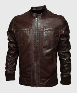 Jack Mens Brown Bomber Moto Leather Jacket - Front View