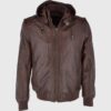 Jackson Mens Dark Brown Bomber Hooded Leather Jacket - Front View