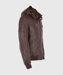 Jackson Mens Dark Brown Bomber Hooded Leather Jacket - Right Side View