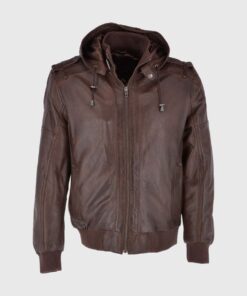 Jackson Mens Dark Brown Bomber Hooded Leather Jacket - Front View