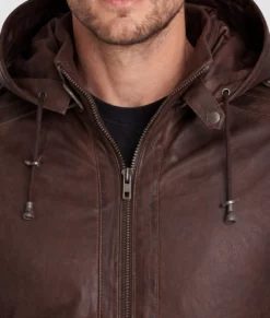 Jackson Mens Dark Brown Bomber Hooded Leather Jacket-Zoom