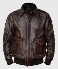 Jacob Mens Brown Bomber Distressed Leather Jacket