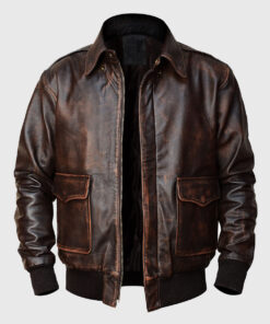 Jacob Mens Brown Bomber Distressed Leather Jacket - Front Open View
