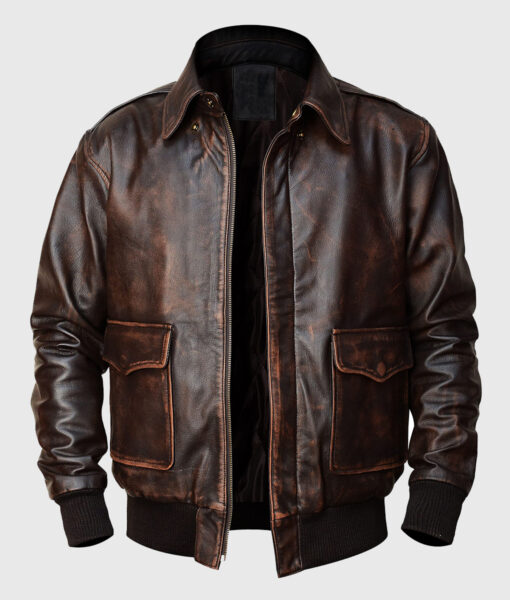 Jacob Mens Brown Bomber Distressed Leather Jacket - Front Open View