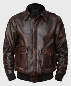 Jacob Mens Brown Bomber Distressed Leather Jacket - Front View