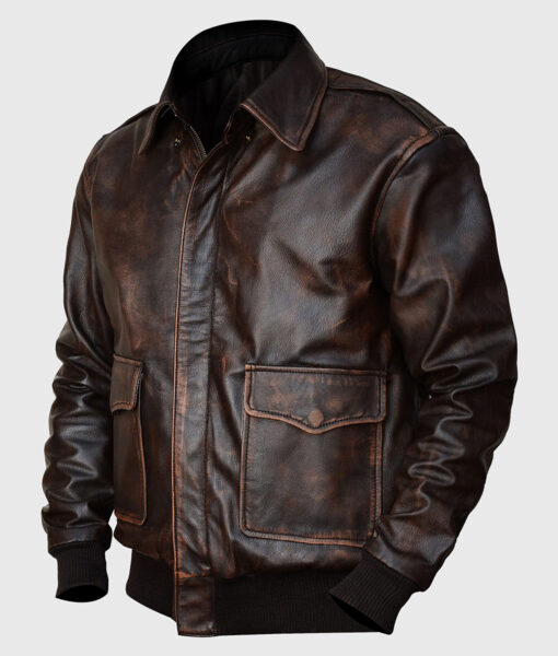 Jacob Mens Brown Bomber Distressed Leather Jacket - Side View