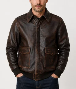 Jacob Men's Distressed Brown A-2 Bomber Leather Jacket-Front