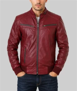 Jade Maroon Bomber Moto Leather Jacket-Front